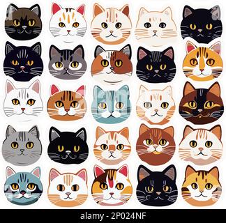 Vector Retro Hand Drawn Japanese Style Wild Cat or Kitten Face Seamless Surface Pattern for Products or Wrapping Paper Prints. Stock Vector