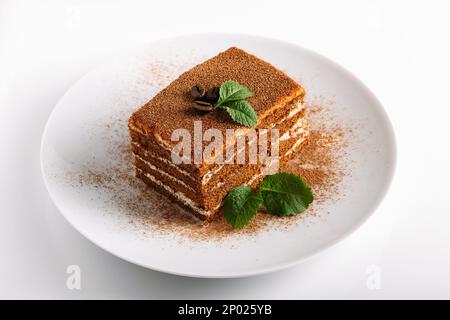 Tiramisu decorated with mint on light background. Slice of coffee cake on white plate. Traditional Italian creamy dessert. Stock Photo