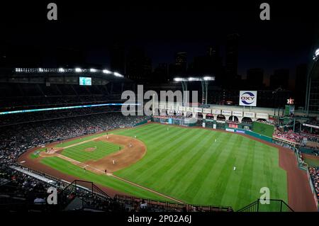 Houston, United States. 14th Apr, 2021. A general overall view of the main  scoreboard from down the first base line seats at Minute Maid Park during a  MLB baseball game, Wednesday, April