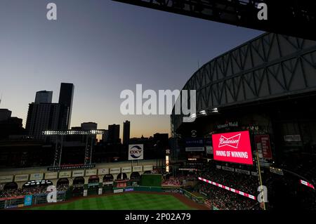 Wide angle view of Minute Maid Park showing downtown Houston