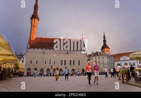 Medieval town hall in Town Hall Square,at right belltower of St Nicholas church,Tallinn,Estonia Stock Photo