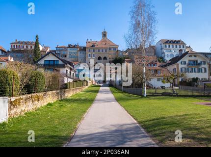 Murten, Switzerland - March 24, 2022: Murten or Morat is a German and French-speaking medieval town on the south-eastern shore of Lake Murten Stock Photo