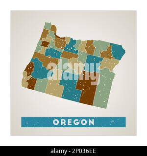 Oregon map. Us state poster with regions. Old grunge texture. Shape of Oregon with us state name. Cool vector illustration. Stock Vector