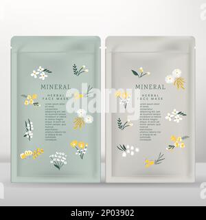 Vector Facial Mask Foil Bag or Packet with Hand Drawn Floral or Herbal Print Pattern. Stock Vector