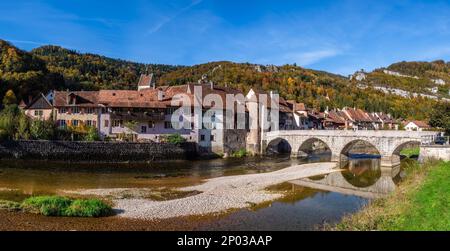 Saint Ursanne, Switzerland - October 19, 2021: Picturesque medieval town of Saint Ursanne in the swiss canton of Jura in autumn Stock Photo