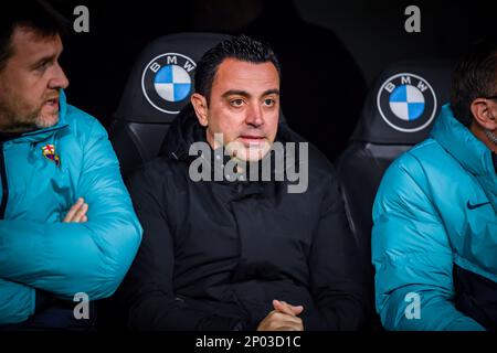Madrid, Spain,02/03/2023, Xavi Hernandez (Barcelona) during the football match between&#xA;Real Madrid and Barcelona valid for the semifinal of the “Copa del Rey” Spanish cup celebrated in Madrid, Spain at Bernabeu stadium on Thursday 02 March 2023 Stock Photo