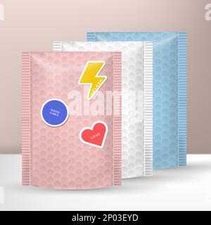 Vector Protective Bubble Mailing Postal Bag or Envelop Packaging Mockup with Cartoon Stickers. Stock Vector