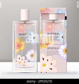 Vector Clear Glass or Plastic Tall Screw Cap Perfume or Fragrance Bottle with Floral Print Open Window Carton Box Packaging. Stock Vector