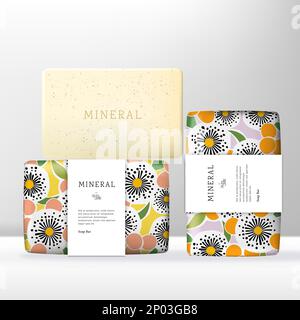 Vector Beauty or Skincare Soap Bar with Floral Pattern Print Wrapping Paper Packaging. Stock Vector