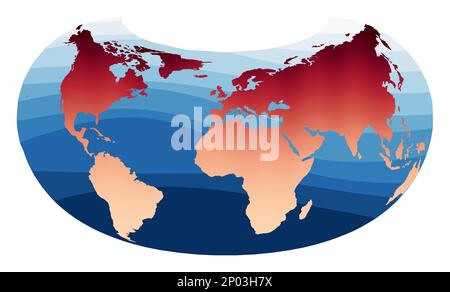 World Map Vector. Armadillo projection. World in red orange gradient on deep blue ocean waves. Astonishing vector illustration. Stock Vector