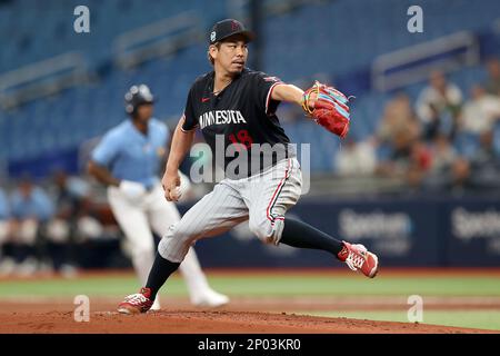 St. Petersburg, Florida. 02/03/2023, Kenta Maeda of the Minnesota Twins  meets the press after pitching in a spring training game against the Tampa  Bay Rays on March 2, 2023, in St. Petersburg