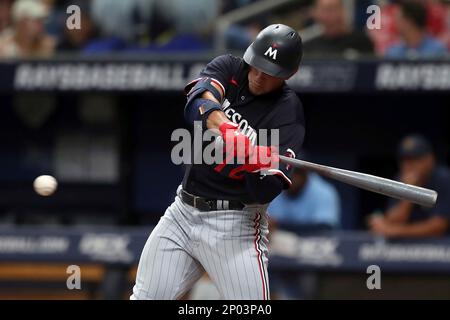 ST. PETERSBURG, FL - MARCH 02: Minnesota Twins infielder Brooks Lee (72)  stands on deck during the MLB spring training game between the Minnesota  Twins and the Tampa Bay Rays on March