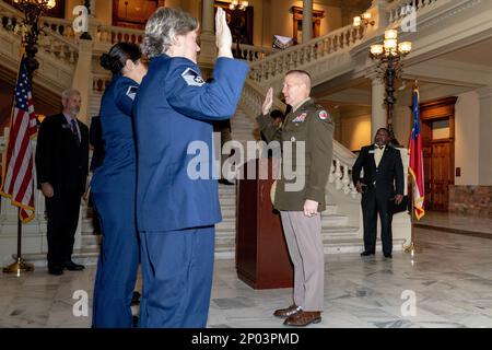 U.S. Army Maj. Gen. Tom Carden, The Adjutant General of Georgia, issues an oath of re-enlistment for Soldiers and Airmen in the Georgia National Guard January 26, 2023 in Atlanta. Stock Photo