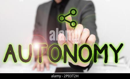 Sign displaying Autonomy. Word Written on vehicle that can guide itself without human conduction Stock Photo