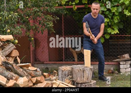 A woodcutter cuts firewood to heat his house in winter. Natural fuel made of natural wood. Stock Photo