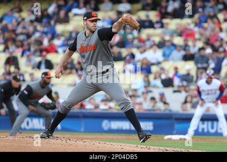 March 20, 2017: Puerto Rico infielder Francisco Lindor #12 and Puerto Rico  infielder Javier Baez #9 confront Netherlands outfielder Wladimir Balentien  #4 after he fave a sign tot he pitcher in the