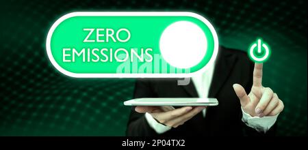 Hand writing sign Zero Emissions. Word Written on emits no waste products that pollute the environment Stock Photo