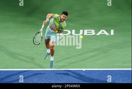 Dubai, United Arab Emirates. March 02, 2023, Dubai, United Arab Emirates.  March 02, 2023 Novak Djokovic of Serbia celebrates victory over Hubert  Hurkacz of Poland during their ATP 500 Dubai Duty Free