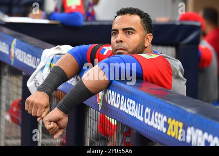 MIAMI, FL - MARCH 11: Dominican Republic outfielder Starling Marte (6) and  Dominican Republic outfielder Nelson Cruz (23) on a fielding error in  center field on a long ball by United States