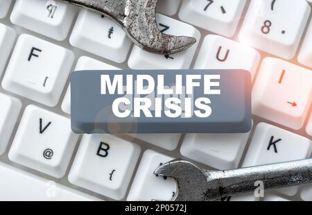 Sign displaying Midlife Crisis. Word Written on Software development technique Decomposing an application Stock Photo
