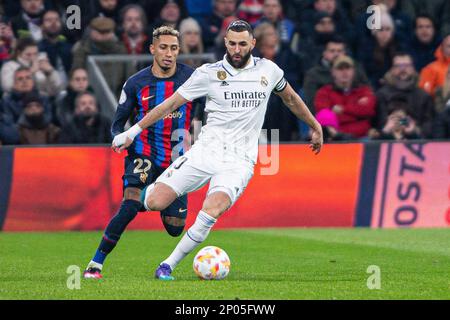 Madrid, Spain. 2nd Mar, 2023. Sports. Football/Soccer.First leg football match of the semifinal of the Copa del Rey between Real Madrid and FC Barcelona played at Santiago Bernabeu stadium in Madrid (Spain) on March 2, 2023. Benzema and Raphinha 900/Cordon Press Credit: CORDON PRESS/Alamy Live News Stock Photo