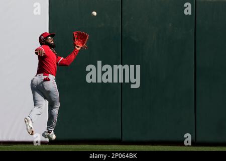 Glendale, United States. 24th Feb, 2023. Kansas City Royals designated  hitter Johan Camargo (12) singles on a line drive to left field in the  first inning of an MLB spring training baseball