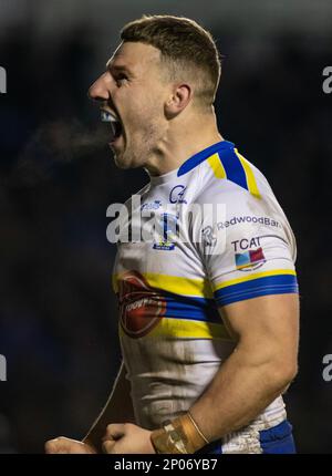 Warrington, Cheshire, England 2nd March 2023. George Williams celebrates his trie, during Warrington Wolves V Salford Red Devils at the Halliwell Jones Stadium, the Betfred Super League, Warrington ((Credit Image: ©Cody Froggatt/Alamy live news) Stock Photo