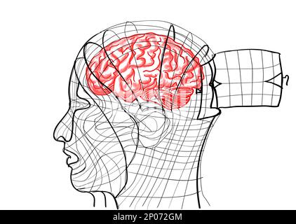 Brain inside a head shaped bird cage Stock Vector