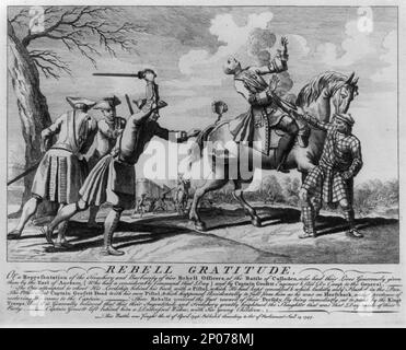 Rebell Gratitude, or a representation of the treachery and barbarity of two rebell officers at the Battle of Culloden...(which) greatly heightened the slaughter that was that day made of their party...this battle was fought 16 April 1746. British Cartoon Prints Collection , This record contains unverified data from caption card, Caption card tracings: Cartoons, British - 1745-1747; Hist. Gt. Brit.; Hist Scotland; War atrocites; War prisoners; Battle of Culloden, 4-16-1746 see Hist. Gt. Brit. 1746. Stock Photo