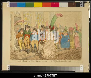 High-change in Bond Street, - ou- la Politesse du Grande Monde   Js. Gy d: et fect.. British Cartoon Prints Collection , Exhibited: Gillray and the Art of Caricature. Women,Clothing & dress,Great Britain,1790-1800. , Men,Clothing & dress,Great Britain,1790-1800. , Etiquette,Great Britain,1790-1800. , Relations between the sexes,Great Britain,1790-1800. Stock Photo