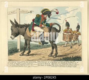 The journey of a modern hero, to the island of Elba. British Cartoon Prints Collection . Napoleon,I,Emperor of the French,1769-1821,Capture & imprisonment. , Donkeys,1810-1820. Stock Photo