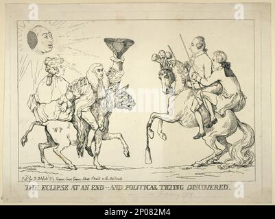 The eclipse at an end - and political tilting discovered. British Cartoon Prints Collection . George,III,King of Great Britain,1738-1820. , George,IV,King of Great Britain,1762-1830. , Thurlow, Edward Thurlow,Baron,1731-1806 , Pitt, William,1759-1806. , Politics & government,Great Britain,1780-1790. , Rulers,Great Britain,1780-1790. , Eclipses,1780-1790. Stock Photo