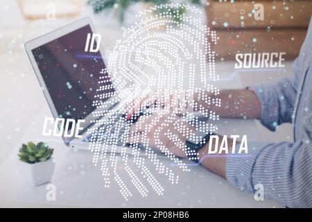 Fingerprint identification. Man working on laptop at table in office, closeup Stock Photo