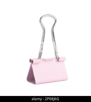 Pink binder clip isolated on white. Stationery item Stock Photo