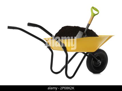 Wheelbarrow with soil and shovel isolated on white. Gardening tools Stock Photo