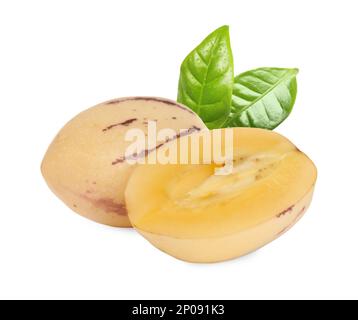 Fresh ripe pepino melons and green leaves on white background Stock Photo