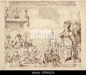 The heroic Charlotte la Cordé, upon her trial, at the bar of the revolutionary tribunal of Paris, July 17, 1793   Js. Gy. desn. et fect.. British Cartoon Prints Collection . Corday, Charlotte,1768-1793,Trials, litigation, etc. , Marat, Jean Paul,1743-1793. , Judicial proceedings,France,Paris,1790-1800. , France,History,Reign of Terror, 1793-1794. Stock Photo