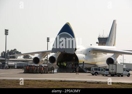 Turkish airmen stand next to a Ukrainian Antonov AN-124 Ruslan heavy transport aircraft prior to offloading humanitarian cargo Feb. 27, 2023, at Incirlik Air Base, Türkiye. Antonov Airlines brought 101 tons of humanitarian cargo in coordination with NATO allied forces for Turkish families who were affected by the earthquakes that struck Türkiye on February 6. The 39th Air Base Wing is working in collaboration with the U.S. Agency for International Development, the government of Türkiye and their allies and partners to provide relief to the people of Türkiye following the natural disaster. (U.S Stock Photo