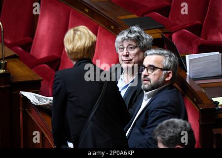 Eric Coquerel, Alexis Corbiere and Clementine Autain (LFI, La France Insoumise, Nupes) during a session of questions to the government at The National Assembly in Paris, France on February 28, 2023. Photo by Victor Joly/ABACAPRESS.COM Stock Photo