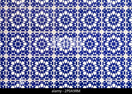 Close-up on white and blue tiles from Salé in Morocco. Stock Photo