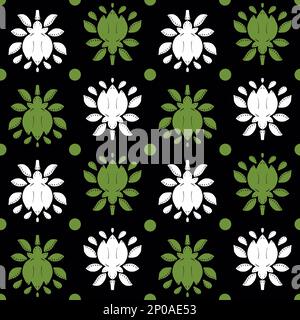 Abstract symmetry flowers seamless pattern. White and green flowers on black background Stock Photo