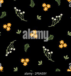 Floral seamless pattern with small white and yellow flowers and leaves on black background Stock Photo