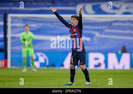 Madrid, Spain. 02nd Mar, 2023. Pablo Martin Gavira Gavi of FC Barcelona reacts during the Spanish football King's Cup semifinal match between Real Madrid CF and Fc Barcelona at the Santiago Bernabeu Stadium. Final score; Real Madrid 0:1 FC Barcelona Credit: SOPA Images Limited/Alamy Live News Stock Photo