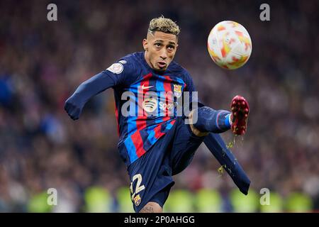 Madrid, Spain. 02nd Mar, 2023. Raphael Dias Belloli Raphinha of FC Barcelona seen in action during the Spanish football King's Cup semifinal match between Real Madrid CF and Fc Barcelona at the Santiago Bernabeu Stadium. Final score; Real Madrid 0:1 FC Barcelona (Photo by Ruben Albarran/SOPA Images/Sipa USA) Credit: Sipa USA/Alamy Live News Stock Photo