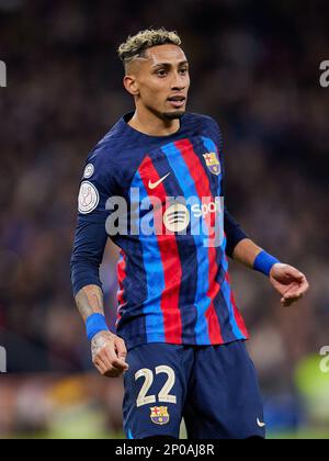 Madrid, Spain. 02nd Mar, 2023. Raphael Dias Belloli Raphinha of FC Barcelona seen during the Spanish football King's Cup semifinal match between Real Madrid CF and Fc Barcelona at the Santiago Bernabeu Stadium. Final score; Real Madrid 0:1 FC Barcelona (Photo by Ruben Albarran/SOPA Images/Sipa USA) Credit: Sipa USA/Alamy Live News Stock Photo