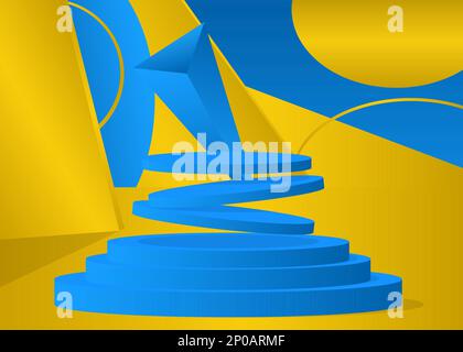 Blue and yellow fantastic minimal geometric product display mockup. Abstract stage, cylinder pedestal podium. 3D showcase room for presentation, empty Stock Vector