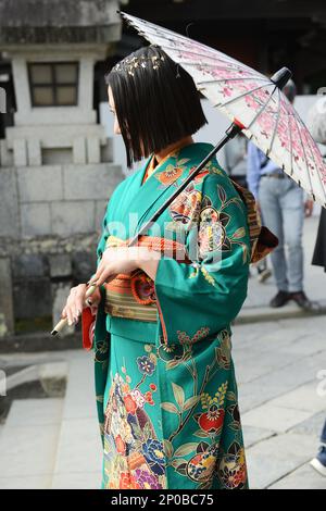 A young Japanese woman wearing a traditional Kimono and holding an Oil-paper umbrella at the Tsurugaoka Hachimangū Shinto shrine in Kamakura, Japan. Stock Photo