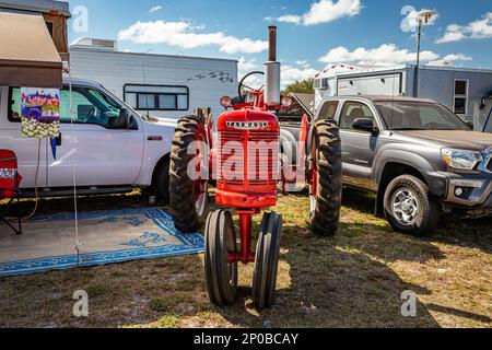 Fort Meade, FL - February 24, 2022: High perspective front view of a 1941 International Harvester Farmall H Row Crop Trctor at a local tractor show. Stock Photo