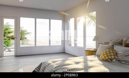 White modern contemporary bedroom interior with large windows and sea view terrace Stock Photo