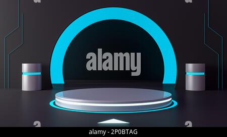 Futuristic sci-fi technology with blue glowing neon lights podium display or showcase mockup for product presentation, 3d rendering Stock Photo